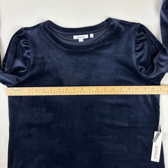 Chico's Zenergy Navy Velour Puffed Shoulder Long Sleeve Top NWT Size 1 Med - Picture 9 of 12